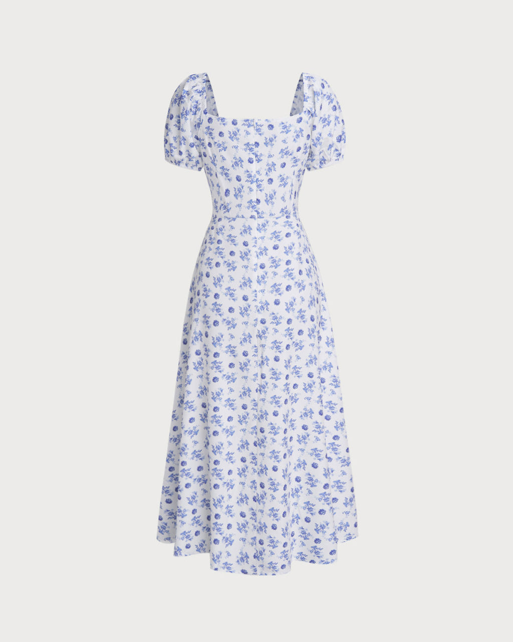 Blue Floral Square Neck Ruched Midi Dress