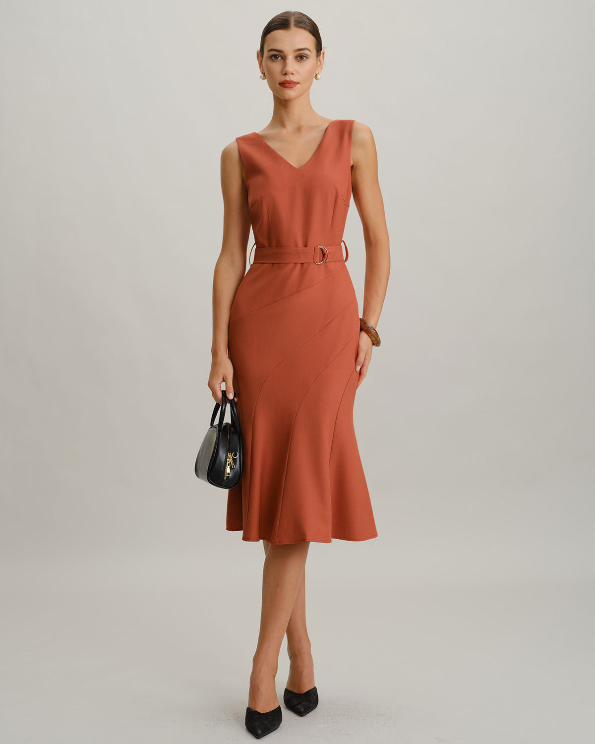 Red V Neck Mermaid Sleeveless Midi Dress