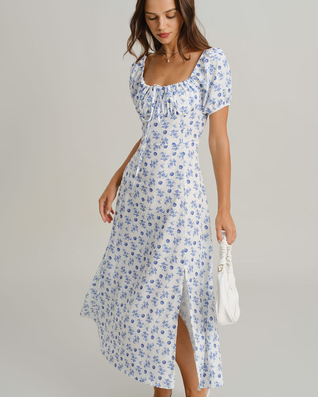 Blue Floral Square Neck Ruched Midi Dress