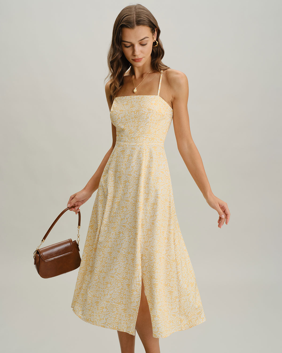 Yellow Floral Backless Slip Midi Dress