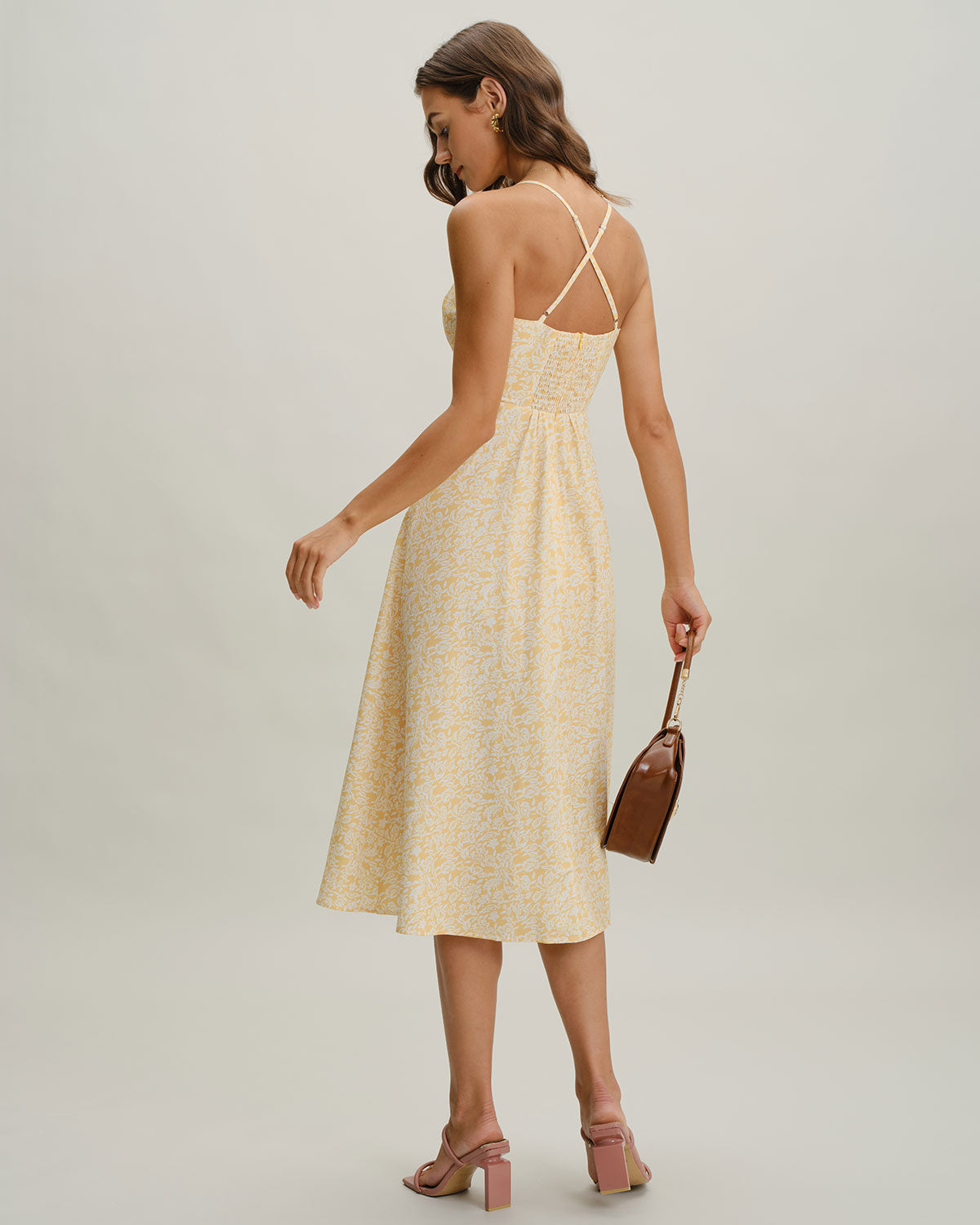 Yellow Floral Backless Slip Midi Dress