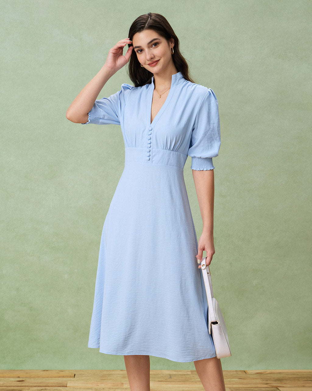 Blue Puffed Sleeve Pleated Midi Dress