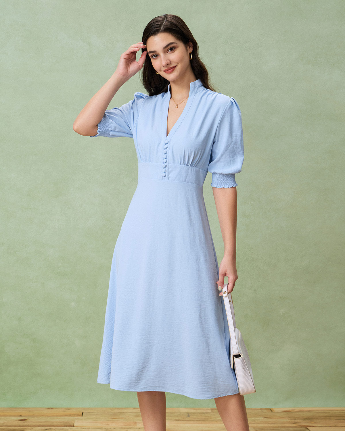 Blue Puffed Sleeve Pleated Midi Dress