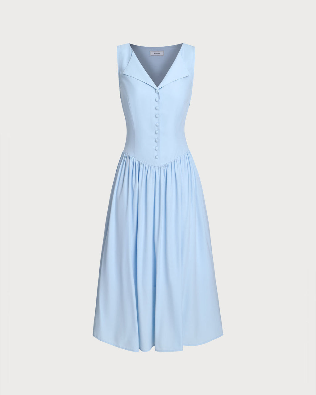 Blue V Neck Button Sleeveless Midi Dress