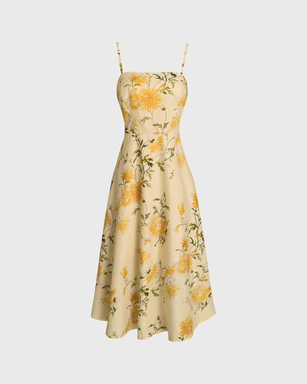 Yellow Floral Shirred Slip Midi Dress