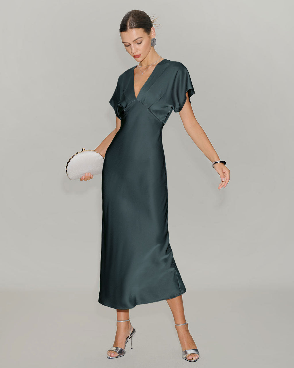 Green Satin Cowl Sleeve Midi Dress