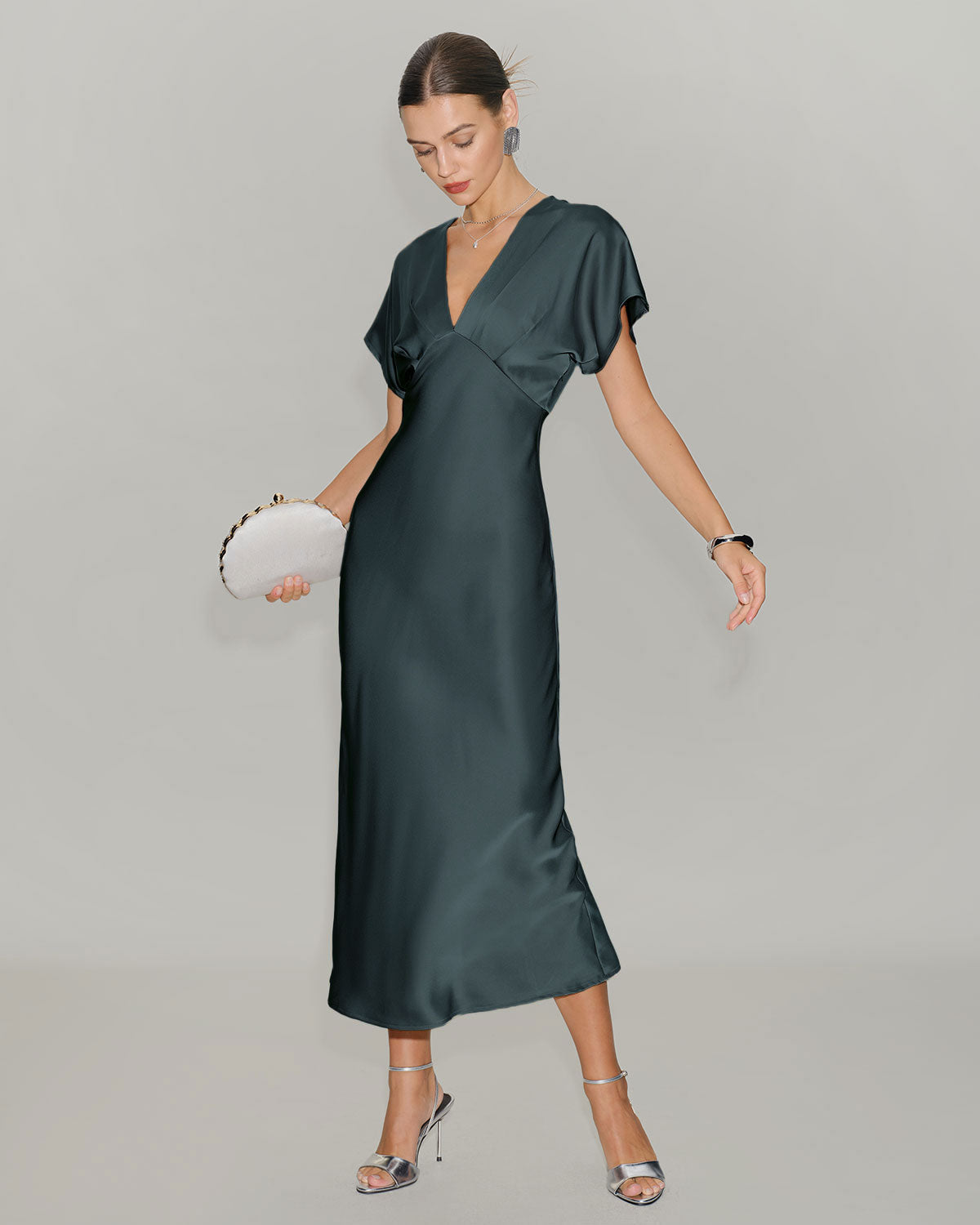 Green Satin Cowl Sleeve Midi Dress