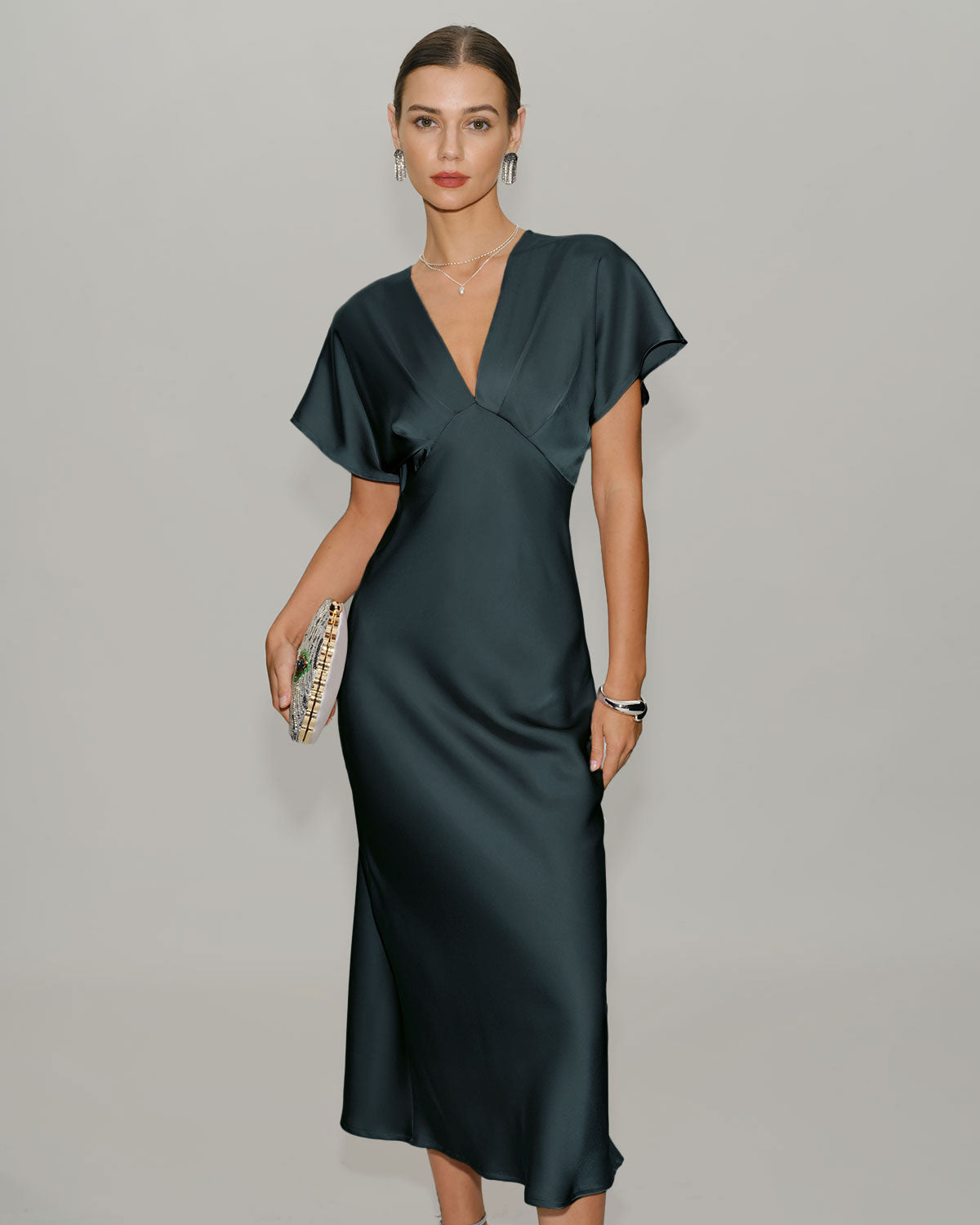 Green Satin Cowl Sleeve Midi Dress