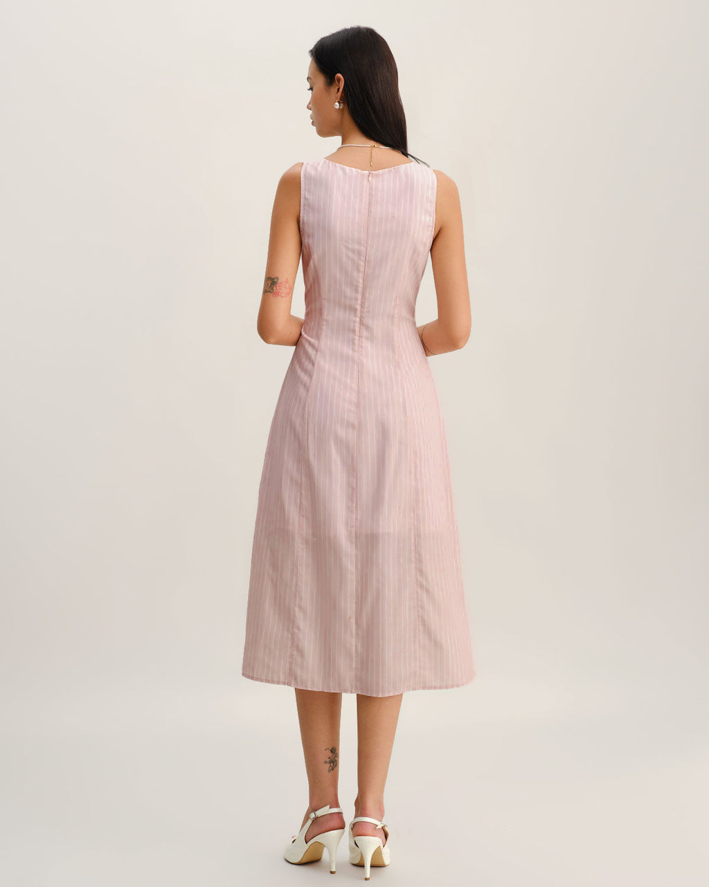 Pink Striped V Neck Sleeveless Midi Dress