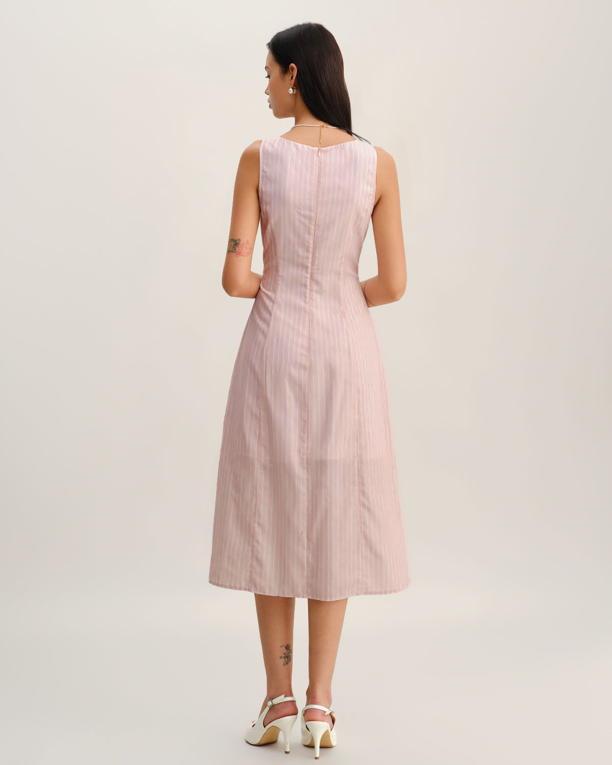 Pink Striped V Neck Sleeveless Midi Dress