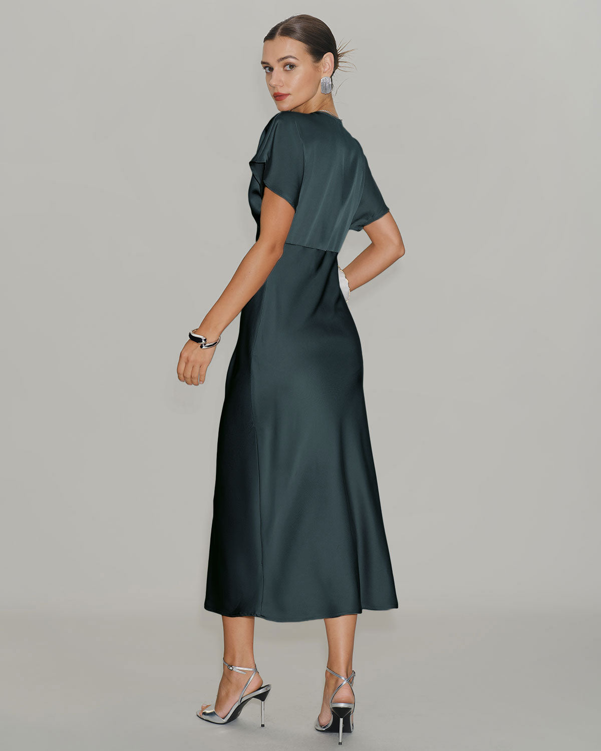 Green Satin Cowl Sleeve Midi Dress