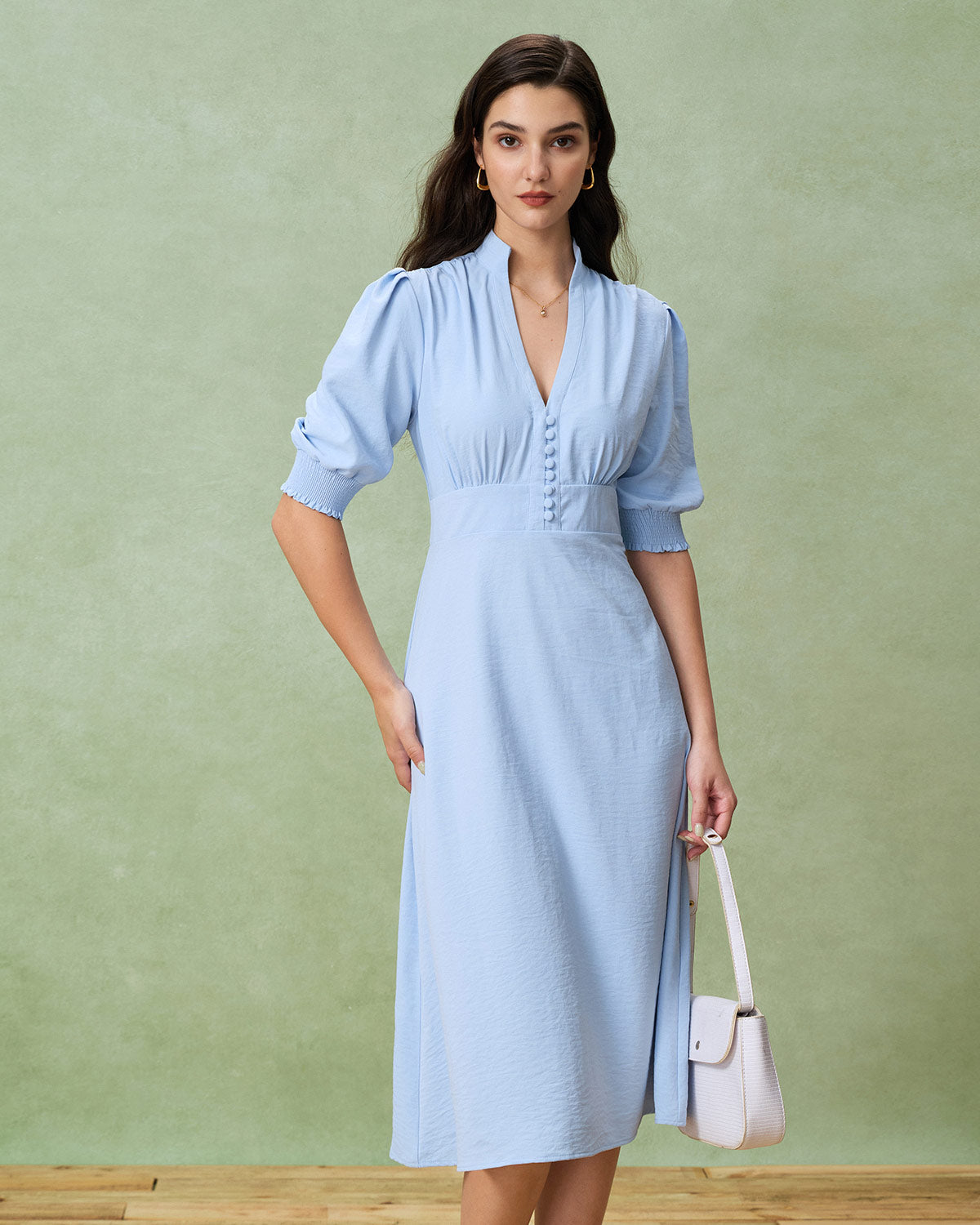 Blue Puffed Sleeve Pleated Midi Dress