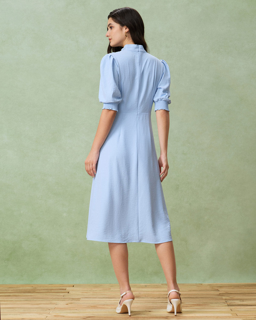 Blue Puffed Sleeve Pleated Midi Dress