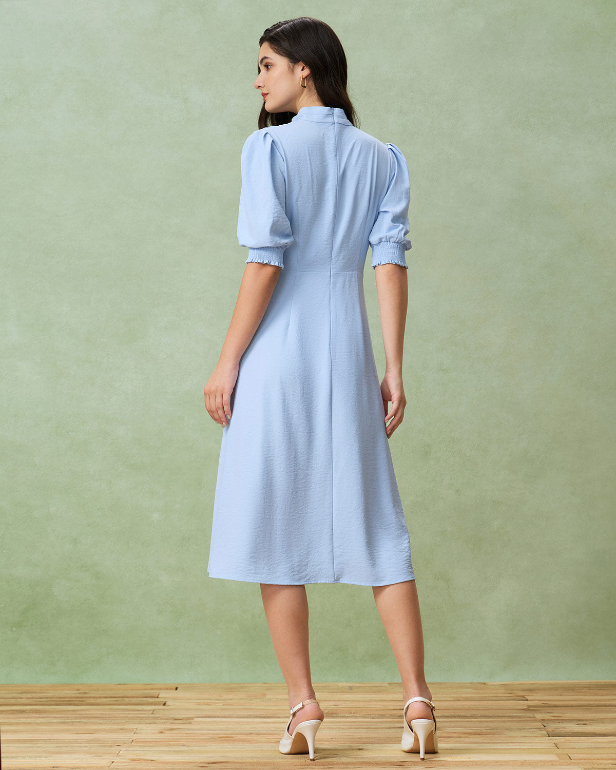 Blue Puffed Sleeve Pleated Midi Dress