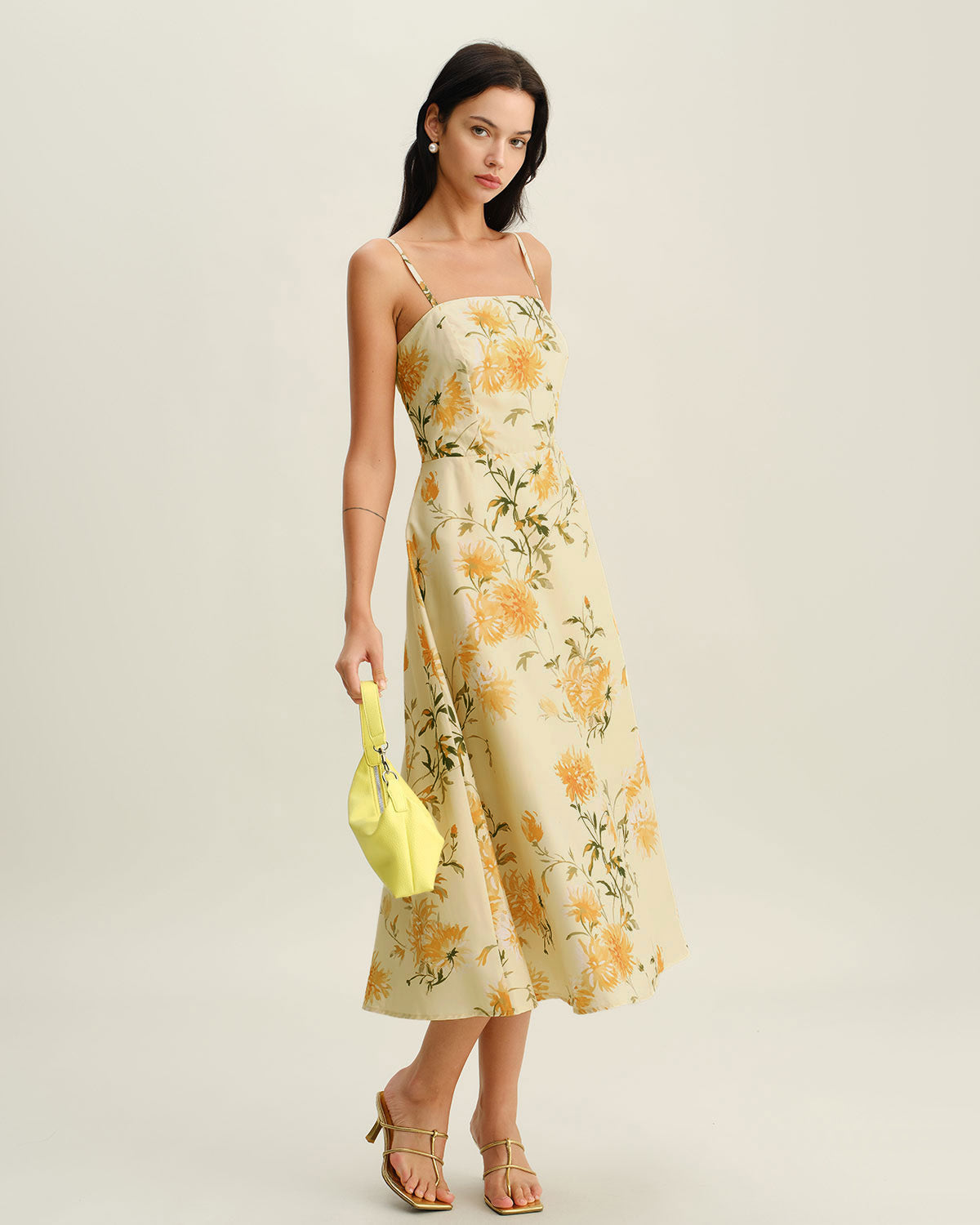 Yellow Floral Shirred Slip Midi Dress