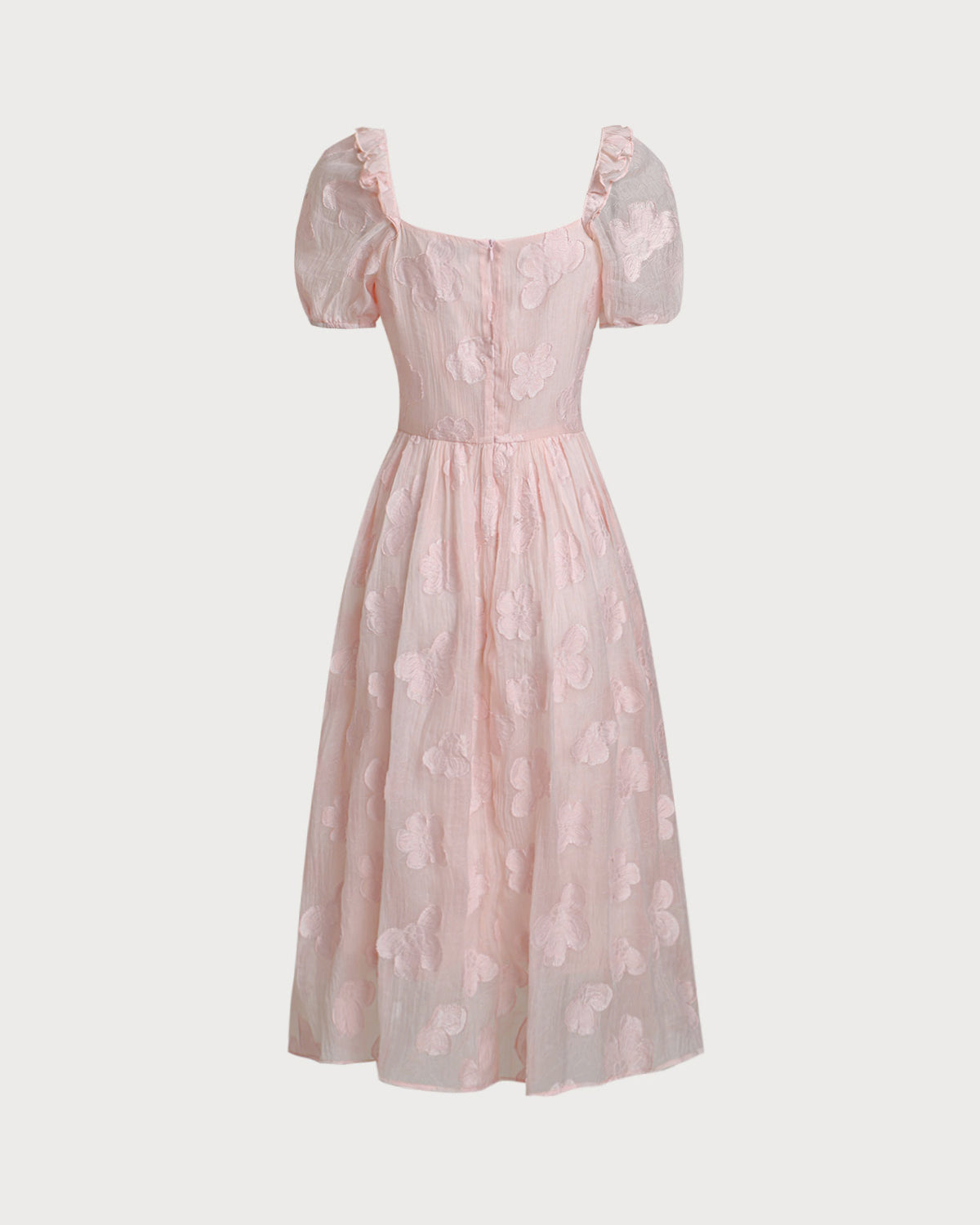 Pink Square Neck Puffed Sleeve Midi Dress