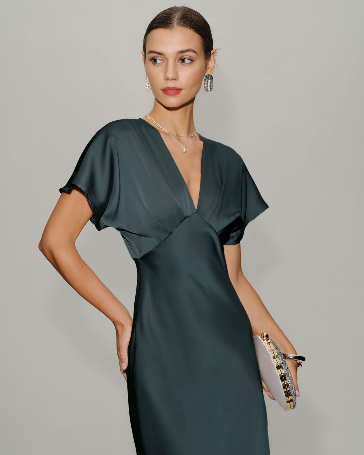 Green Satin Cowl Sleeve Midi Dress