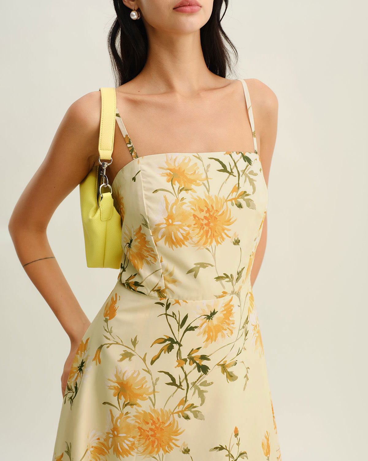 Yellow Floral Shirred Slip Midi Dress