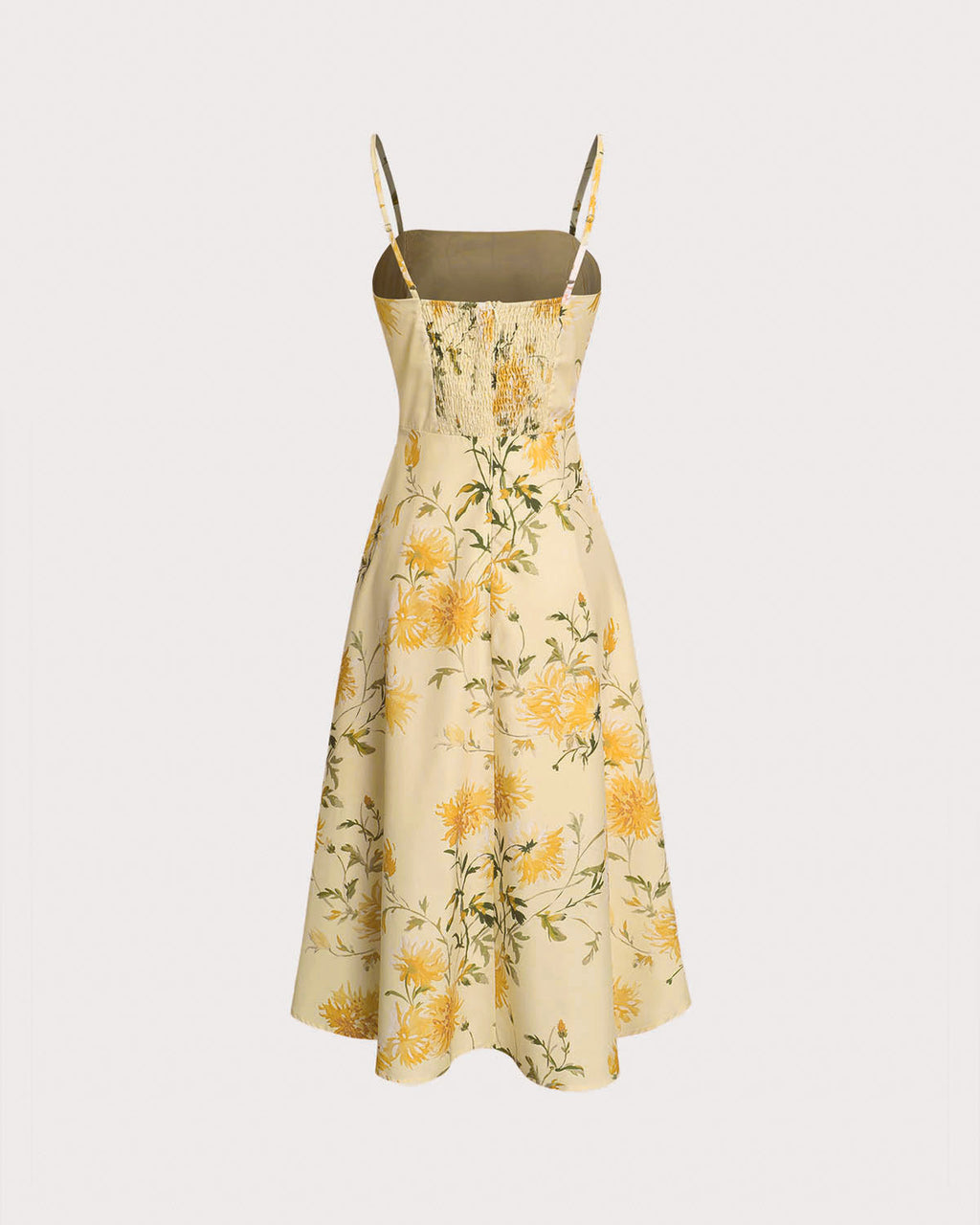 Yellow Floral Shirred Slip Midi Dress
