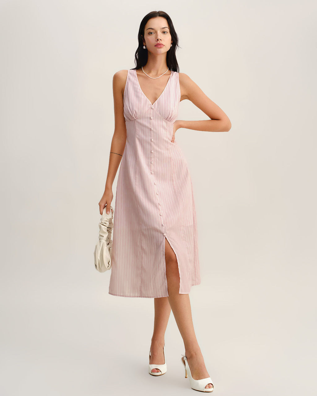 Pink Striped V Neck Sleeveless Midi Dress