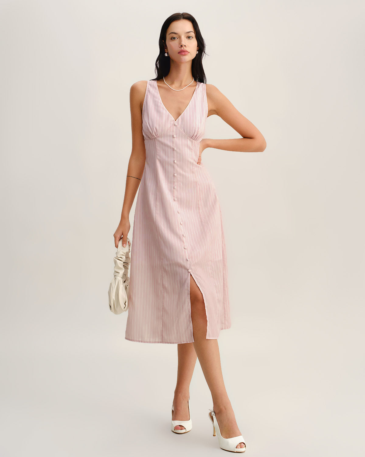 Pink Striped V Neck Sleeveless Midi Dress