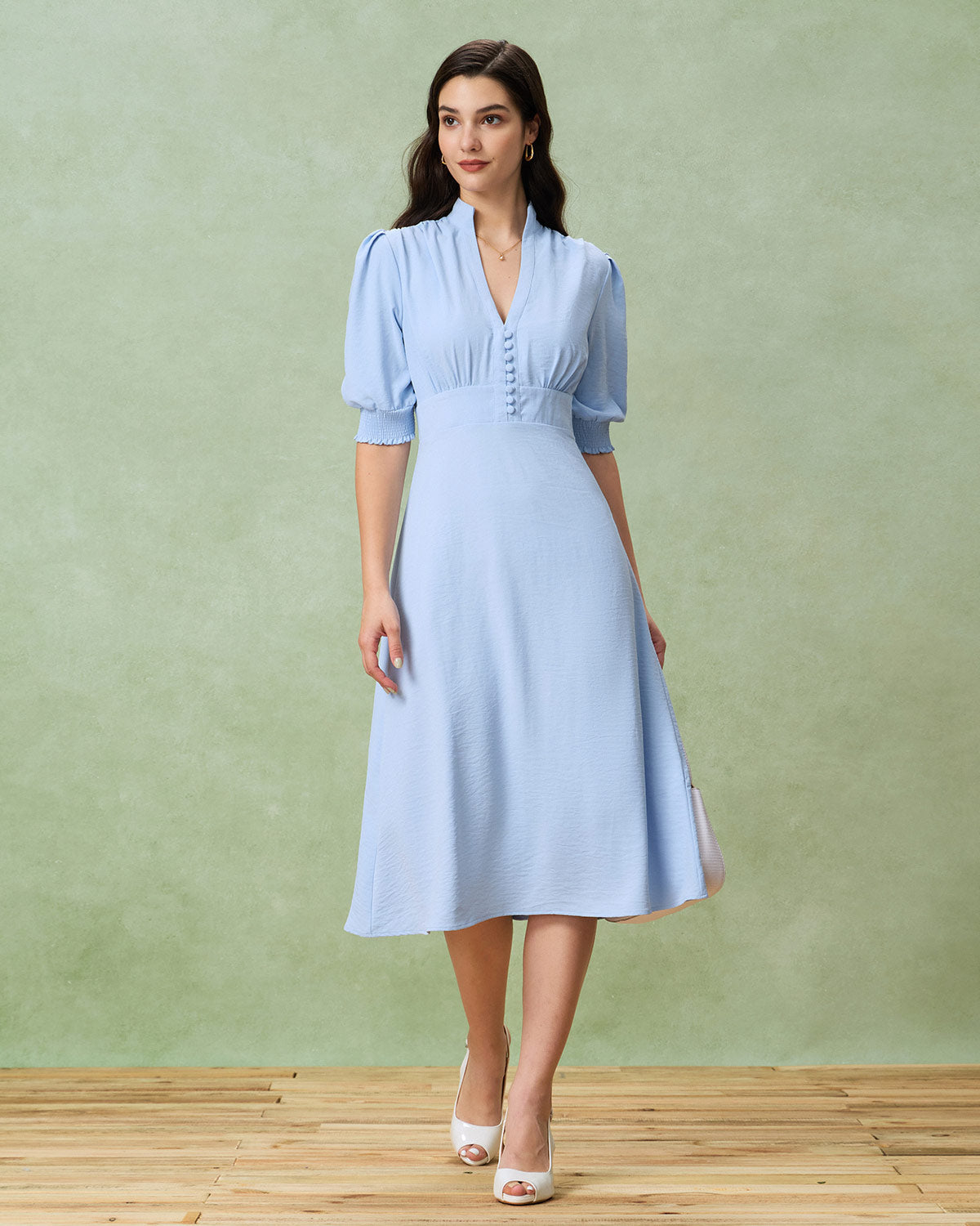 Blue Puffed Sleeve Pleated Midi Dress