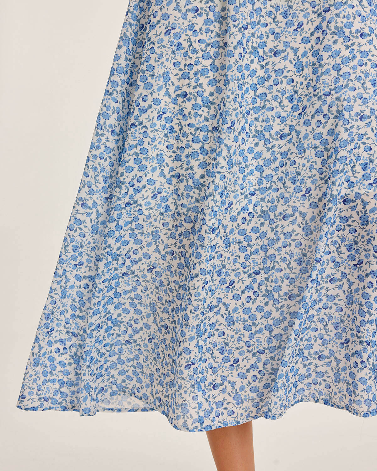 Blue Floral V Neck Shirred Slip Midi Dress