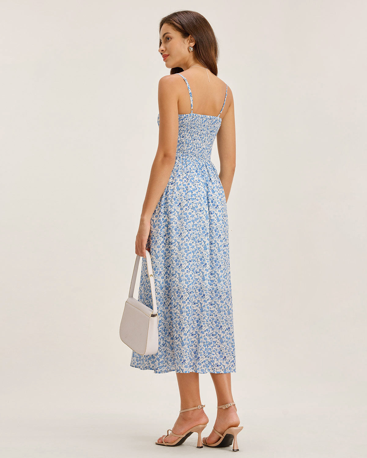 Blue Floral V Neck Shirred Slip Midi Dress