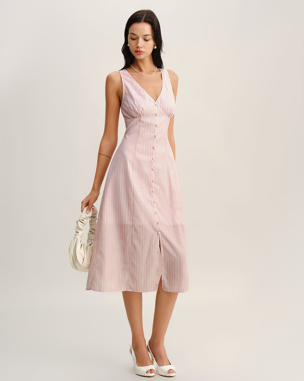 Pink Striped V Neck Sleeveless Midi Dress