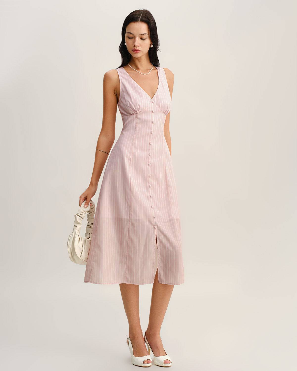 Pink Striped V Neck Sleeveless Midi Dress