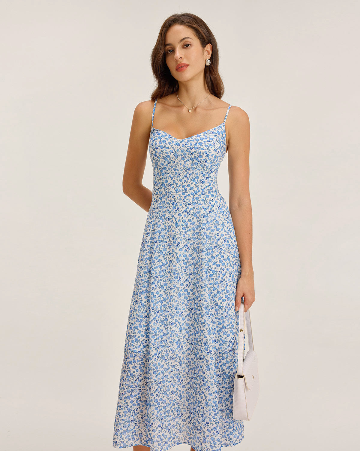 Blue Floral V Neck Shirred Slip Midi Dress