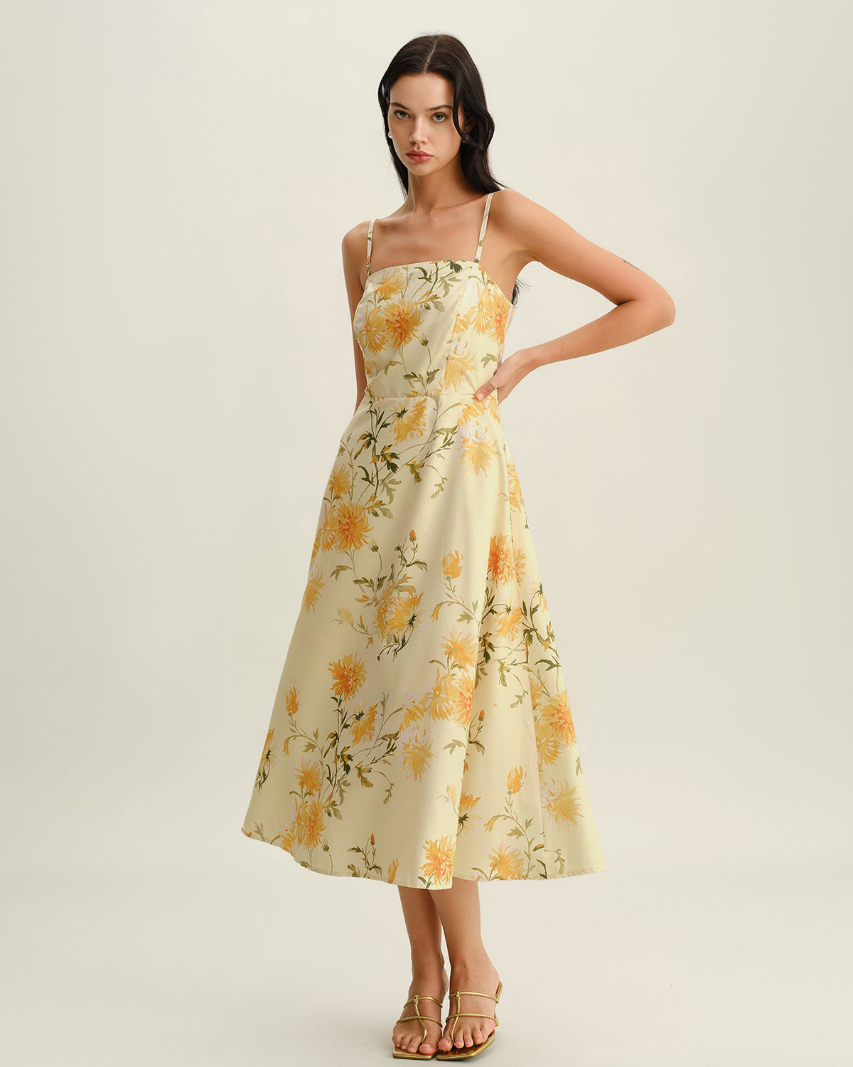 Yellow Floral Shirred Slip Midi Dress