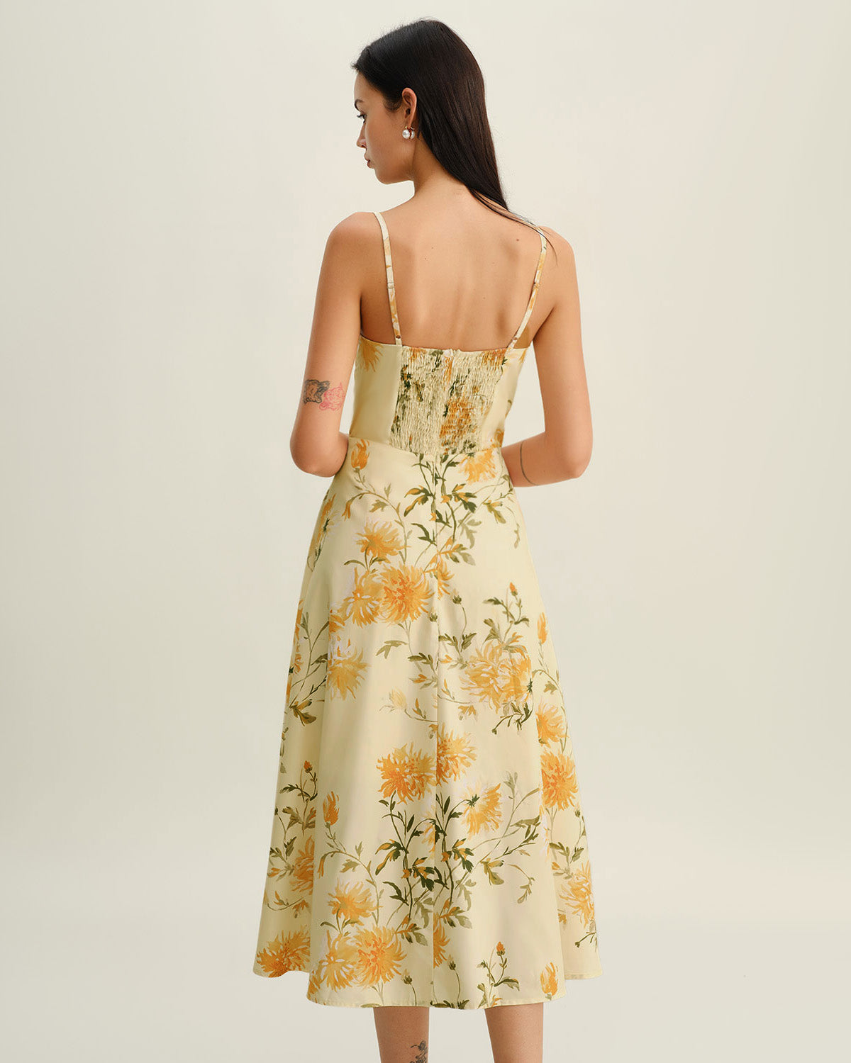 Yellow Floral Shirred Slip Midi Dress