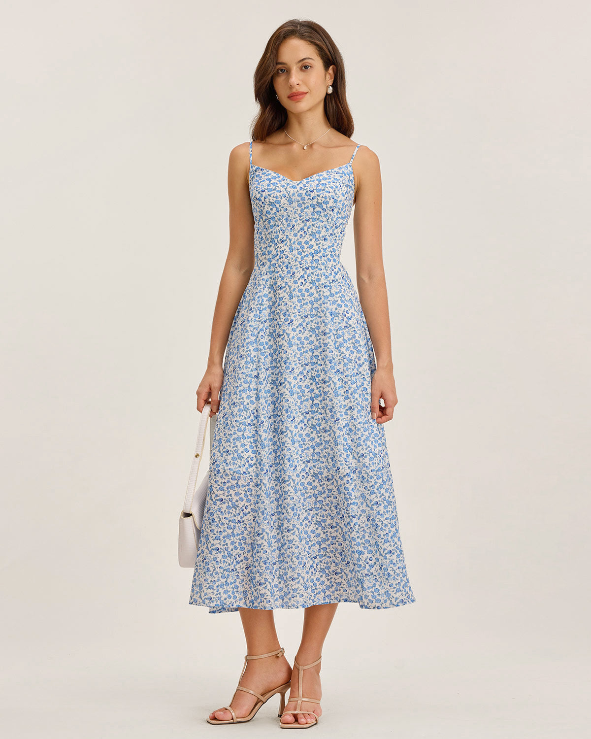 Blue Floral V Neck Shirred Slip Midi Dress