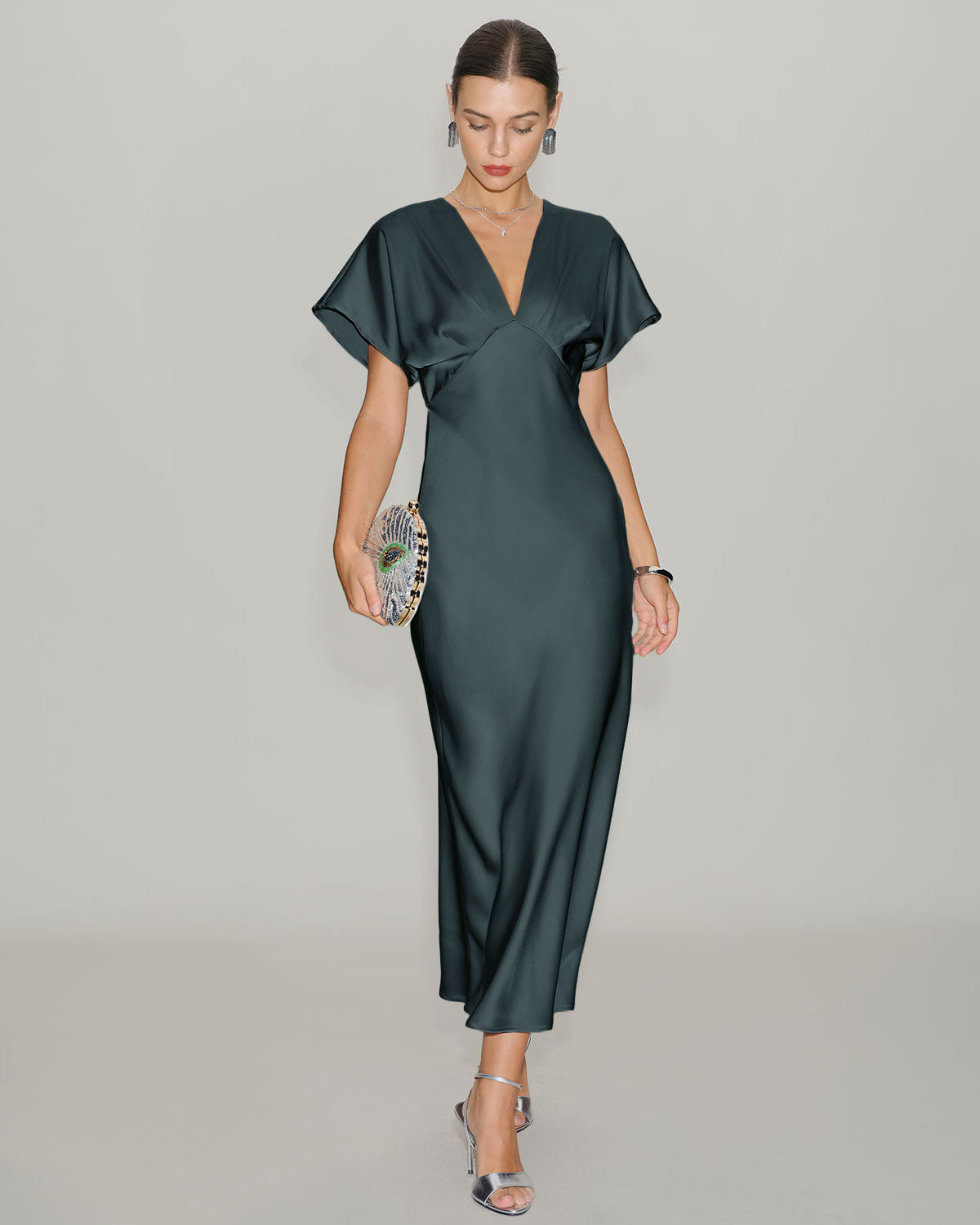 Green Satin Cowl Sleeve Midi Dress