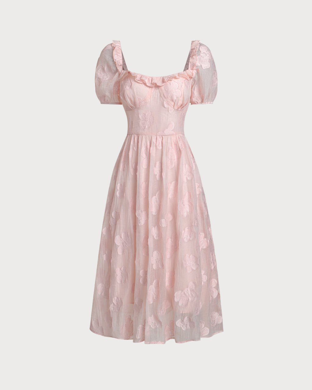 Pink Square Neck Puffed Sleeve Midi Dress