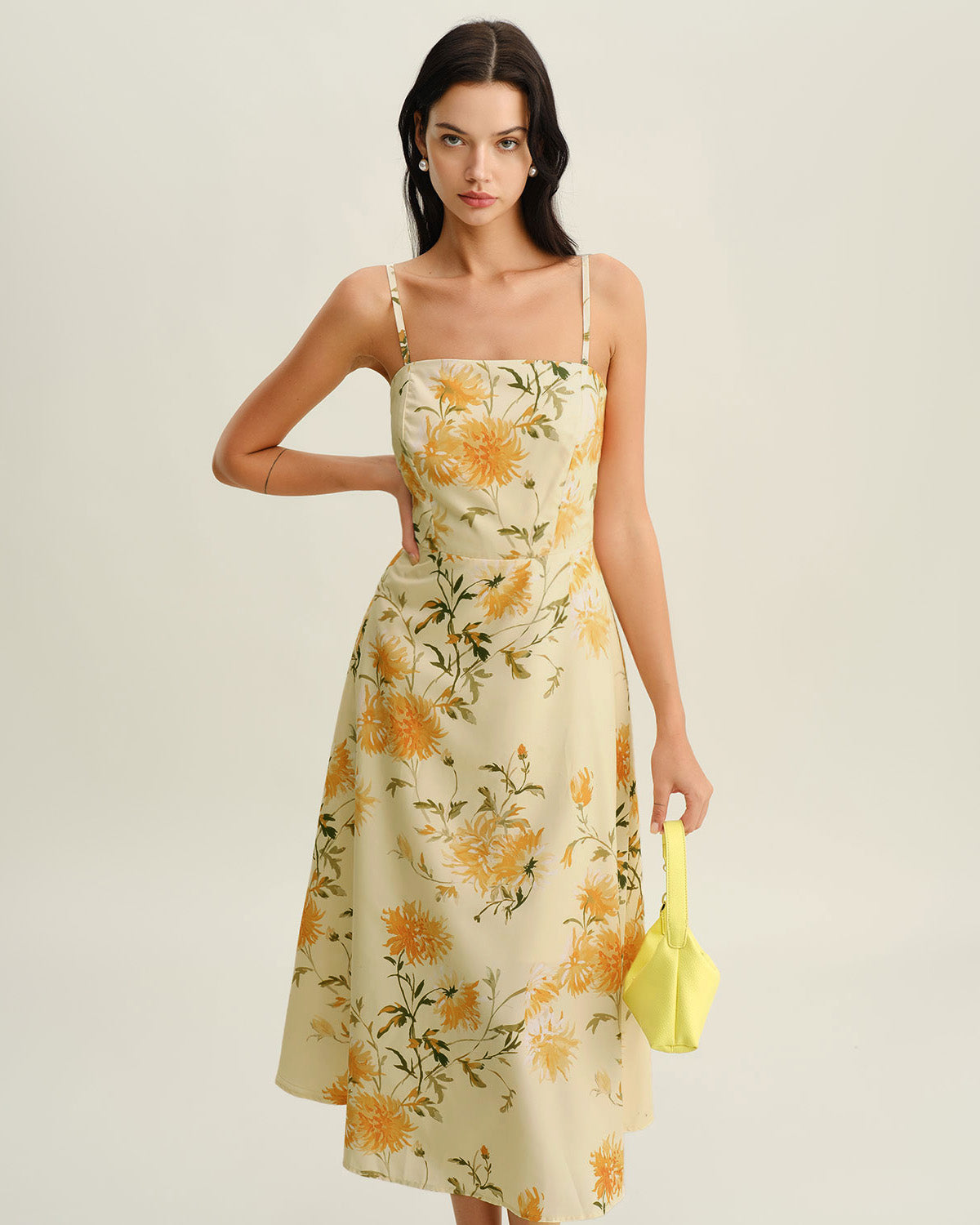 Yellow Floral Shirred Slip Midi Dress
