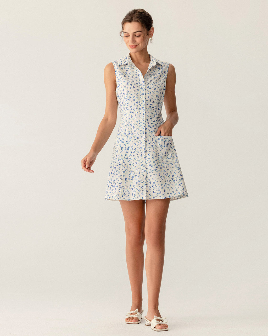 Blue Floral Pocket Sleeveless Mini Dress